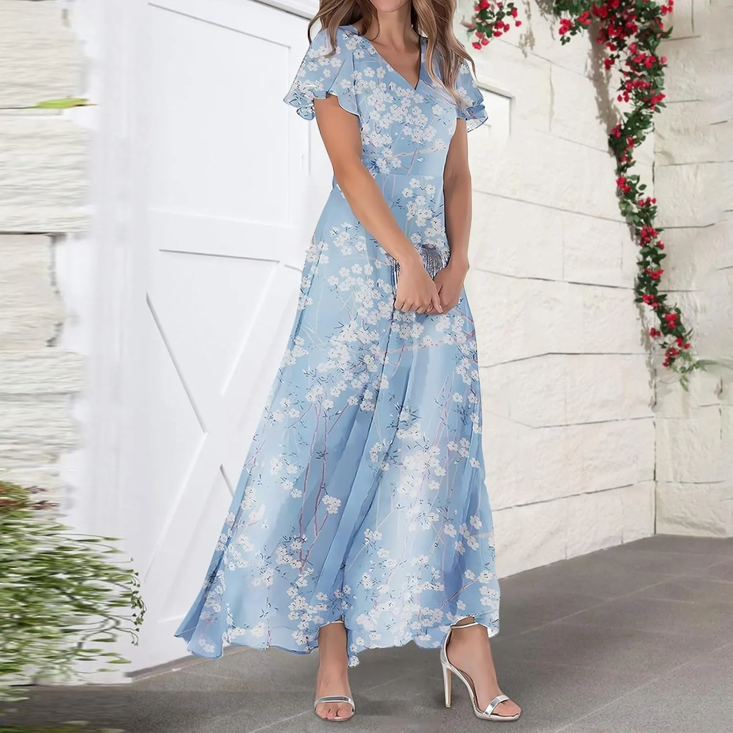 Womens Floral Summer Dress Sundresses for Women Short Sleeve V Neck a Line Chiffon Ruffle Flowy Maxi Dress Casual