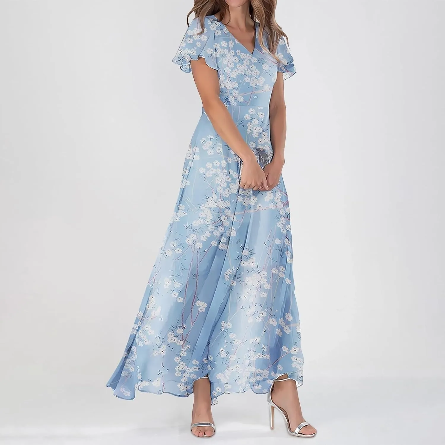 Womens Floral Summer Dress Sundresses for Women Short Sleeve V Neck a Line Chiffon Ruffle Flowy Maxi Dress Casual