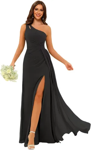 Women's Folwy One Shoulder Bridesmaid Dresses Chiffon Formal Party Dress with Slit BF139