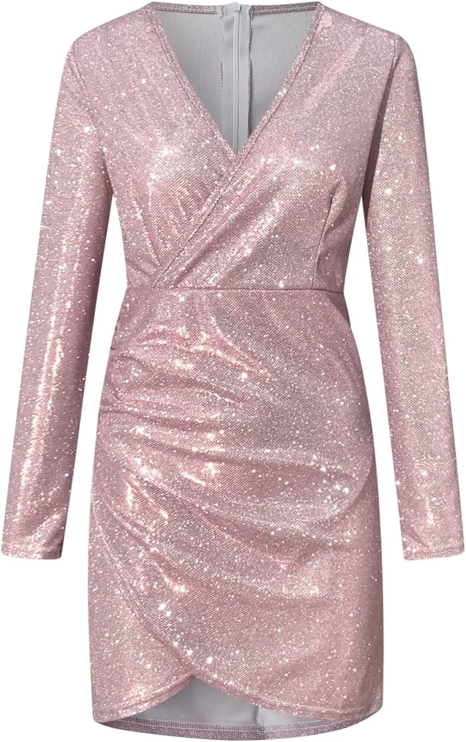 Womens Glitter Sequin Dress V Neck Party Cocktail Sparkly Mini Dress Clubwear Party Dress Bodycon Glitter Dresses Long Sleeve