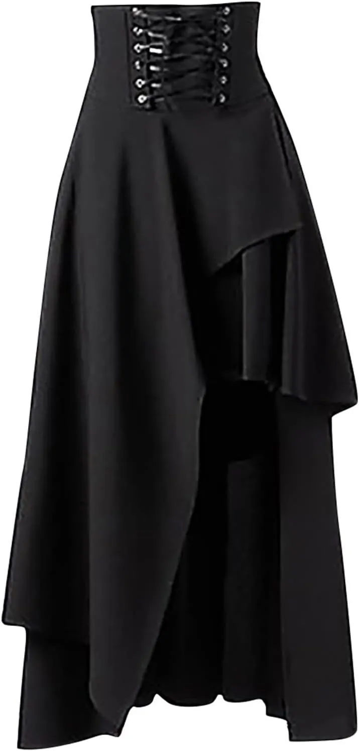 Women's Gothic Irregular Skirt Punk Half Skirt Retro Skirt Ruched Midi Dress Black Uniform Pleated Skirt Punk Clothes