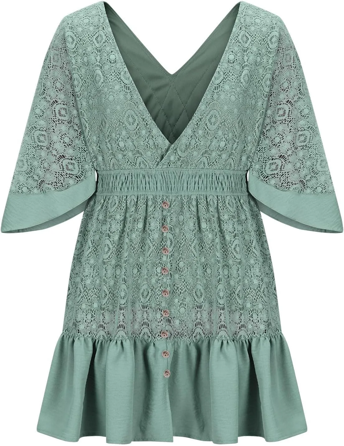 Women's Lace Crochet Dress Summer Retro V Neck Batwing Sleeve Mini Dresses Casual Sexy Wrap Boho Beach Sundress