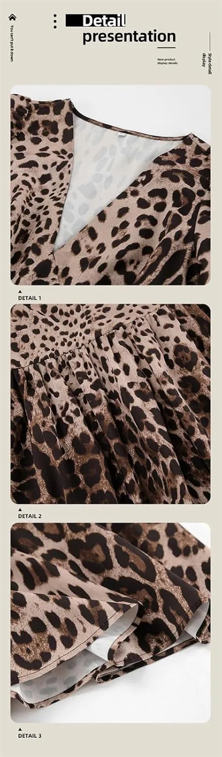 Womens Leopard Print A Line Mini Dress Long Sleeve Ruffle Mini Swing Dresses