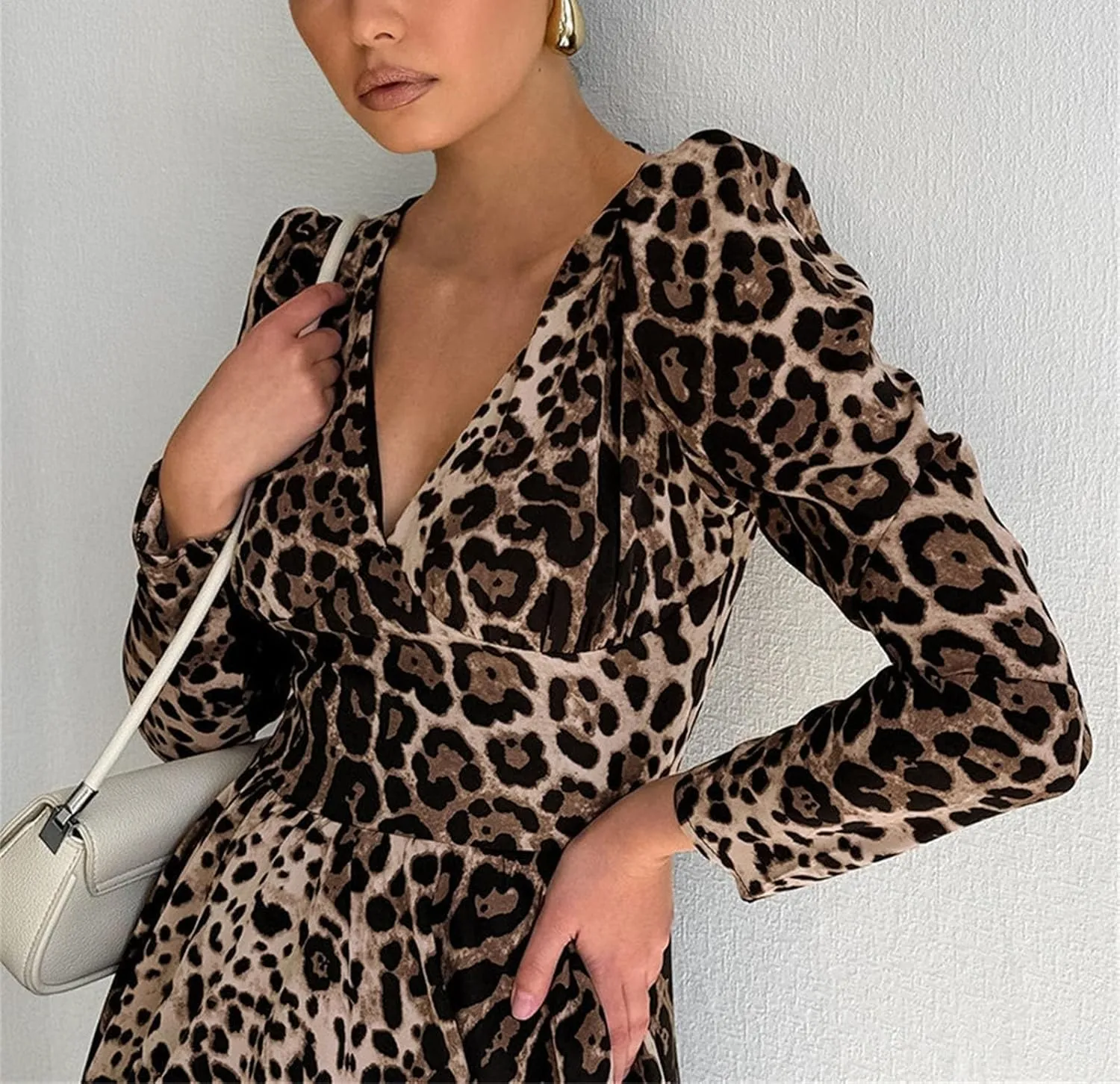 Womens Leopard Print A Line Mini Dress Long Sleeve Ruffle Mini Swing Dresses
