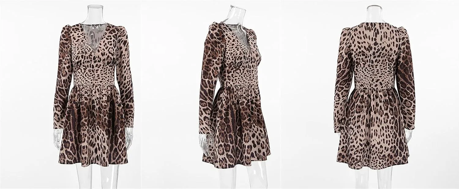 Womens Leopard Print A Line Mini Dress Long Sleeve Ruffle Mini Swing Dresses