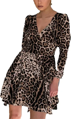 Womens Leopard Print A Line Mini Dress Long Sleeve Ruffle Mini Swing Dresses