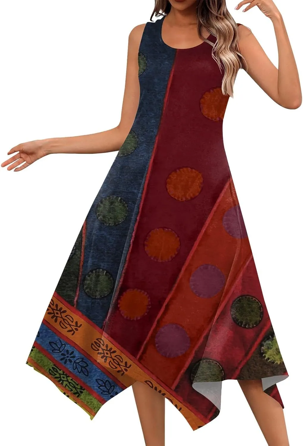 Women's Long Dresses Boho Sleeveless Dresses Summer Casual Loose Round Neck Swing Retro Print Irregular Dress