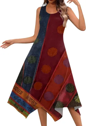 Women's Long Dresses Boho Sleeveless Dresses Summer Casual Loose Round Neck Swing Retro Print Irregular Dress