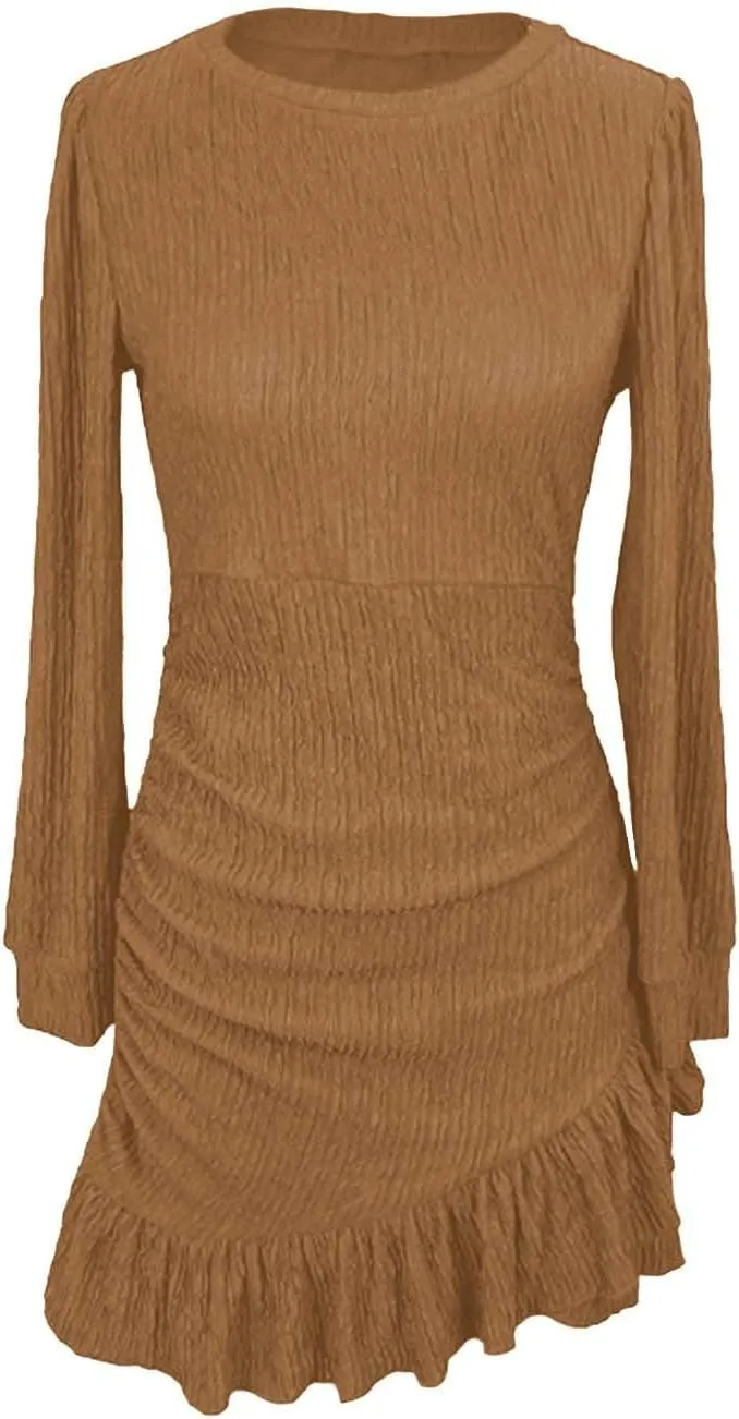 Women's Long Puff Sleeve Ruched Bodycon Mini Short Dress Fall Ruffle Fitted Cocktail Spring Dresses
