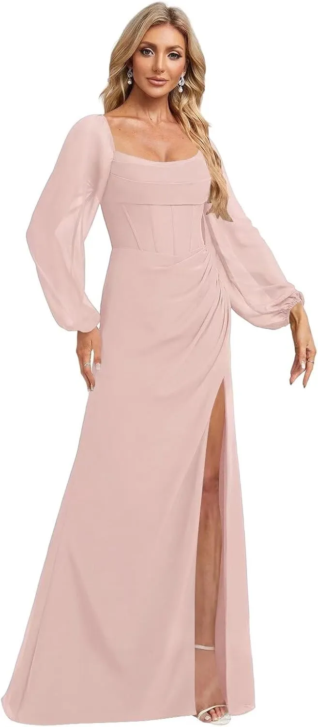 Women's Long Puffy Sleeve Bridesmaid Dresses with Slit Corset Bodice Empire Waist Prom Party Gowns 2025