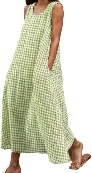 Women's Maxi Casual Cotton Linen Gingham Tank Dress Flowy Swing Loose Dresses Summer Beach Vacation Long Sundresses for Women