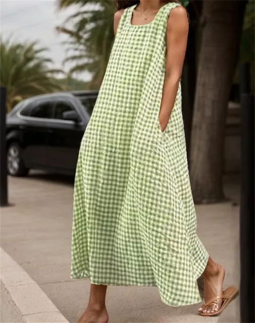 Women's Maxi Casual Cotton Linen Gingham Tank Dress Flowy Swing Loose Dresses Summer Beach Vacation Long Sundresses for Women