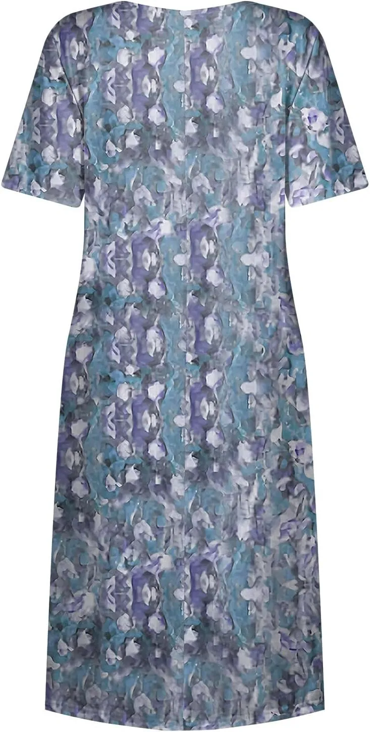 Women's Maxi Dresses 2025 Summer Casual Loose Trendy Short Sleeve Round Neck Solid Floral Printed Maxi Dress, S-3XL