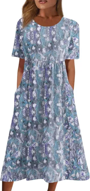 Women's Maxi Dresses 2025 Summer Casual Loose Trendy Short Sleeve Round Neck Solid Floral Printed Maxi Dress, S-3XL