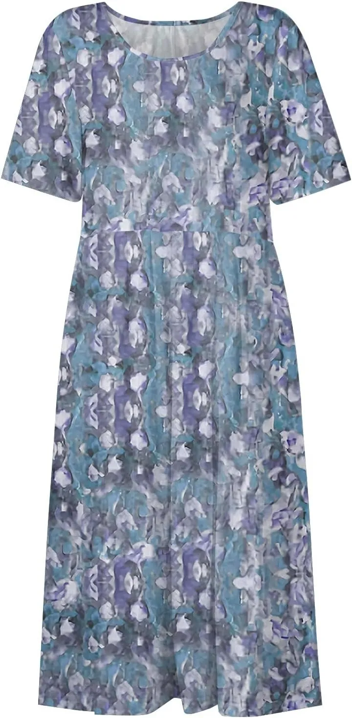 Women's Maxi Dresses 2025 Summer Casual Loose Trendy Short Sleeve Round Neck Solid Floral Printed Maxi Dress, S-3XL