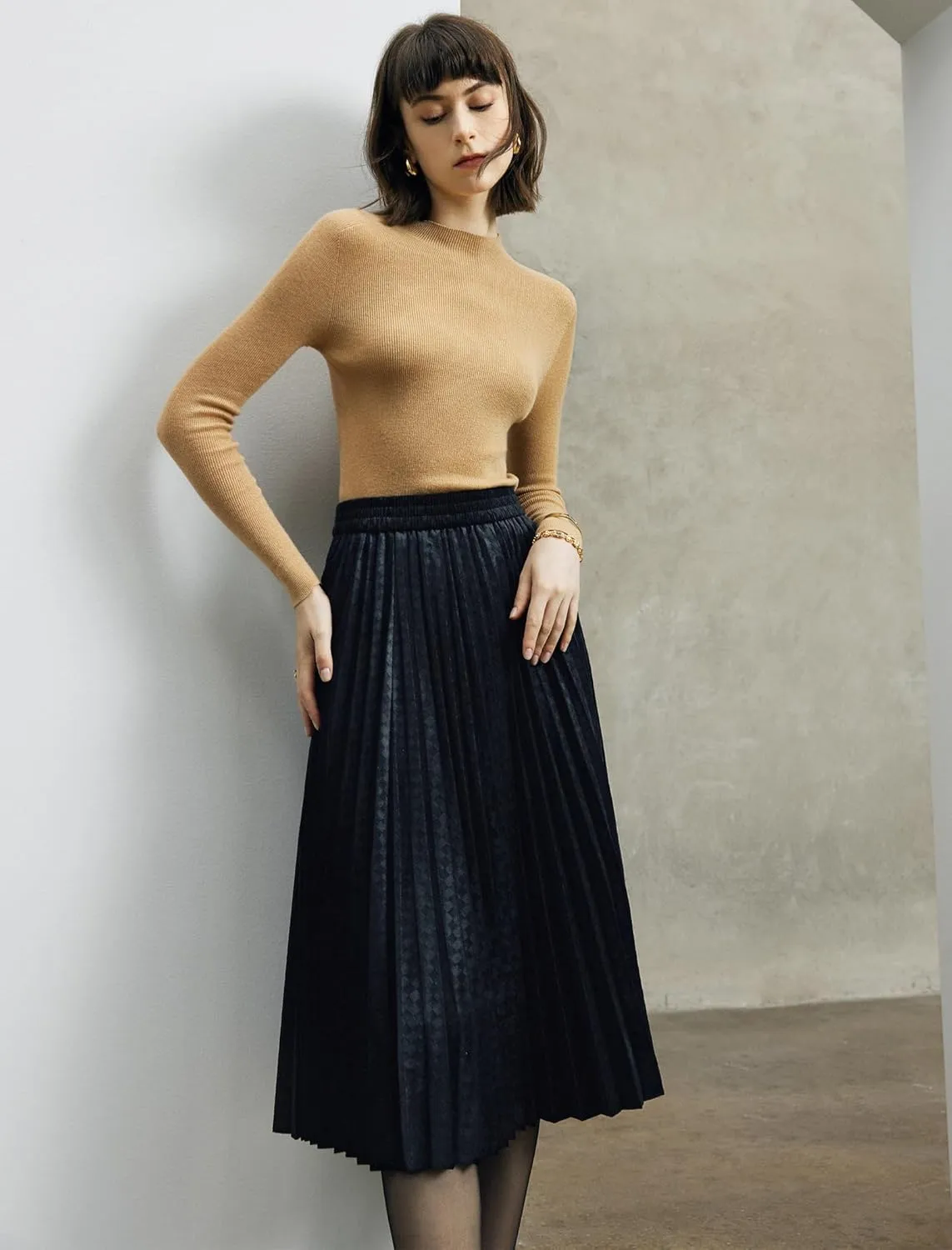Women's Midi Waisted Pleated Long Skirts for Women Skirt Below Knee Vintage
