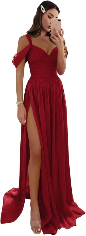 Women's Off The Shoulder Bridesmaid Dresses Long Slit Chiffon Pleated Formal Evening Gowns