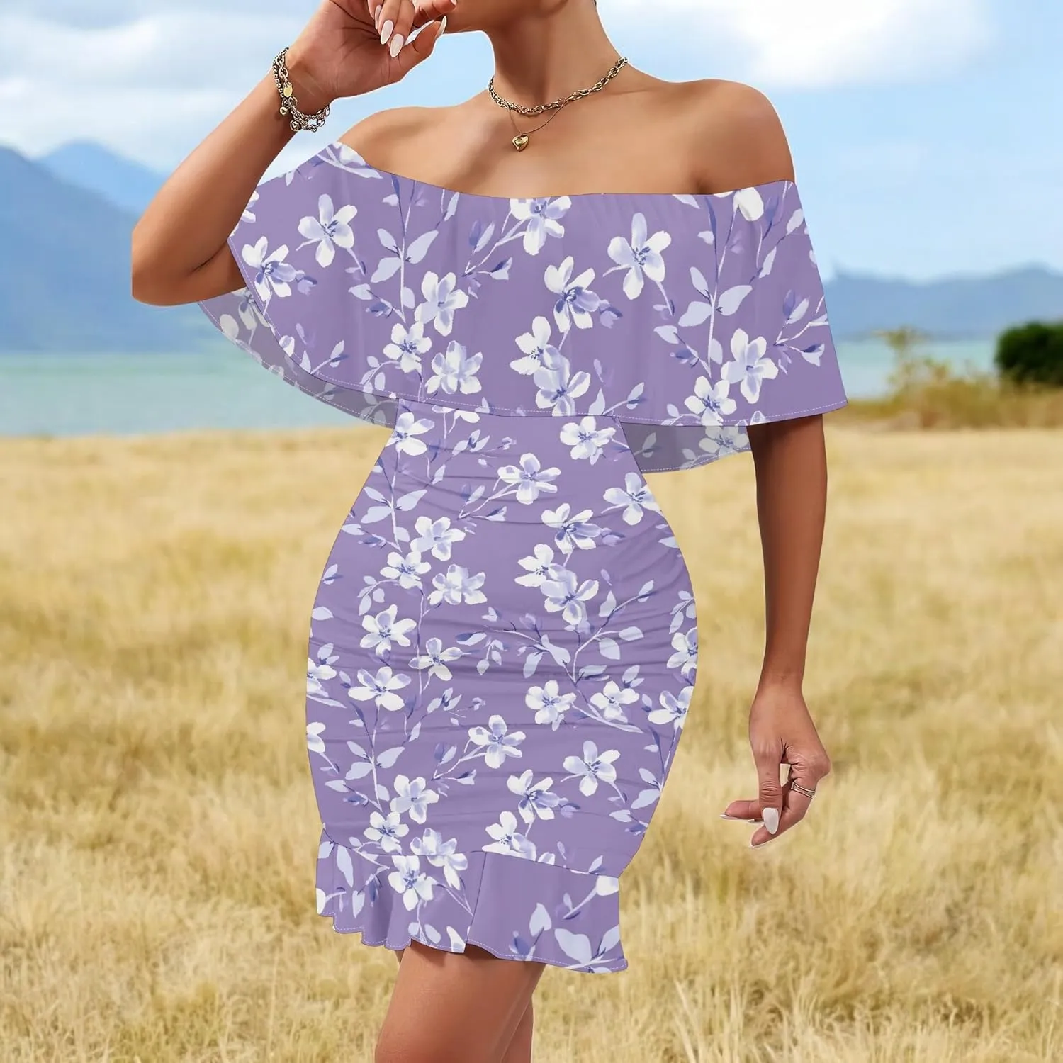 Women's One Shoulder Bubble Dress Bodycon Floral Ruffle Hem Mini Dress Trendy Summer Party Babydoll Dresses