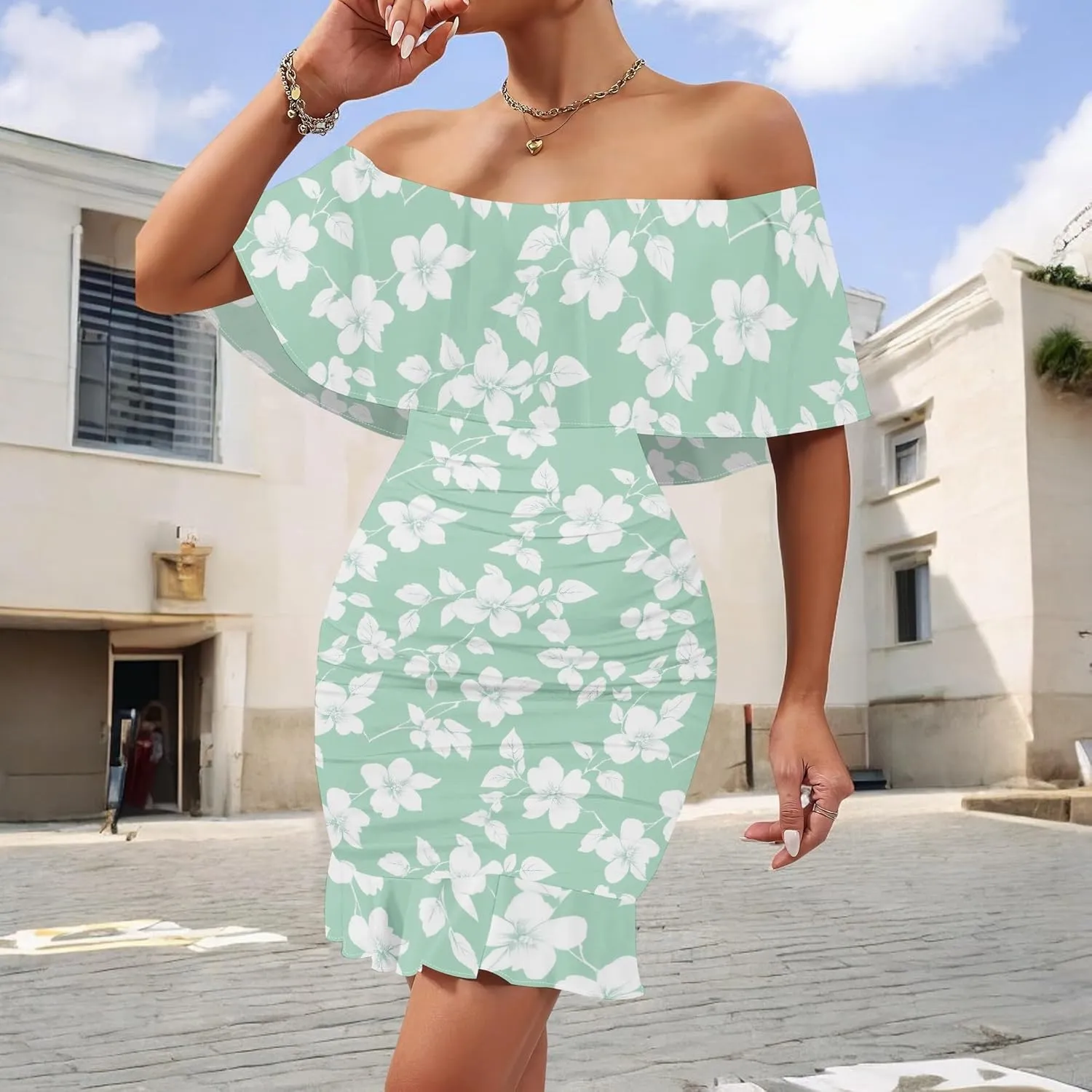 Women's One Shoulder Bubble Dress Bodycon Floral Ruffle Hem Mini Dress Trendy Summer Party Babydoll Dresses