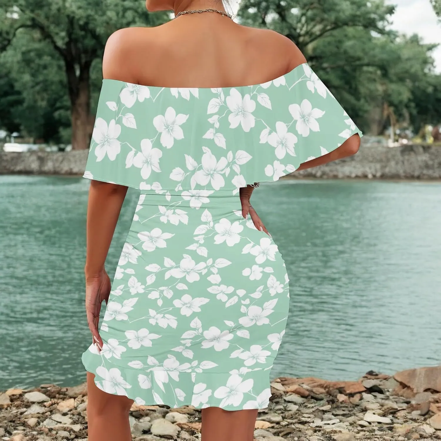Women's One Shoulder Bubble Dress Bodycon Floral Ruffle Hem Mini Dress Trendy Summer Party Babydoll Dresses