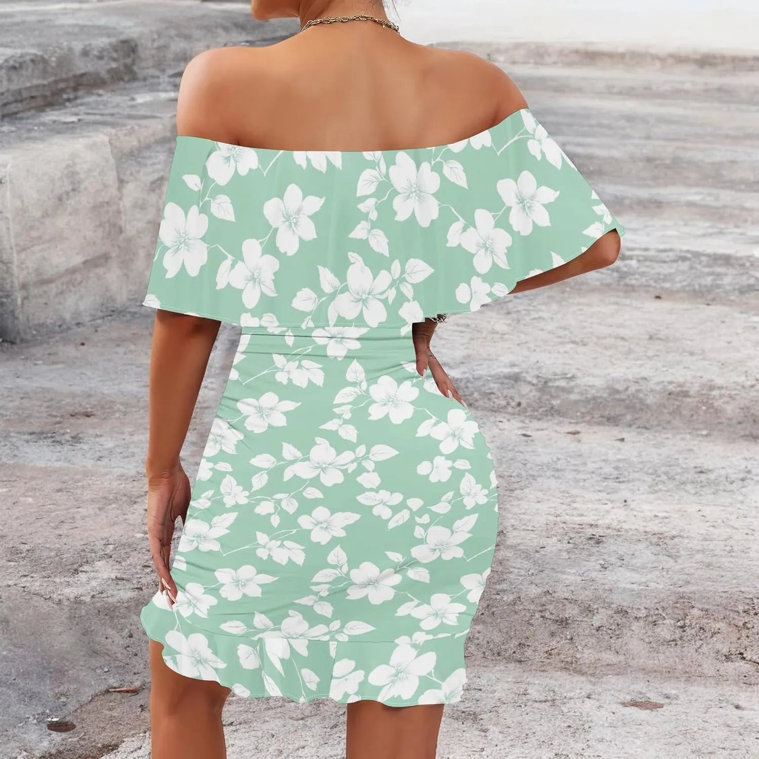Women's One Shoulder Bubble Dress Bodycon Floral Ruffle Hem Mini Dress Trendy Summer Party Babydoll Dresses