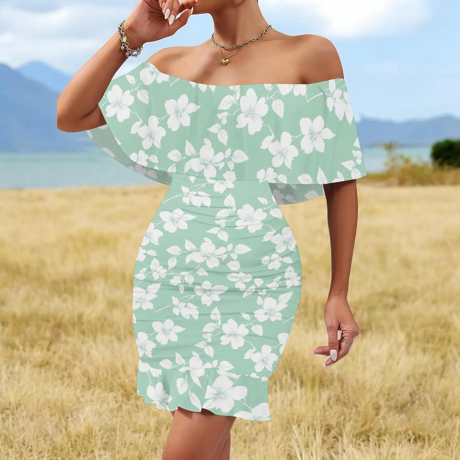 Women's One Shoulder Bubble Dress Bodycon Floral Ruffle Hem Mini Dress Trendy Summer Party Babydoll Dresses