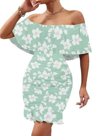 Women's One Shoulder Bubble Dress Bodycon Floral Ruffle Hem Mini Dress Trendy Summer Party Babydoll Dresses