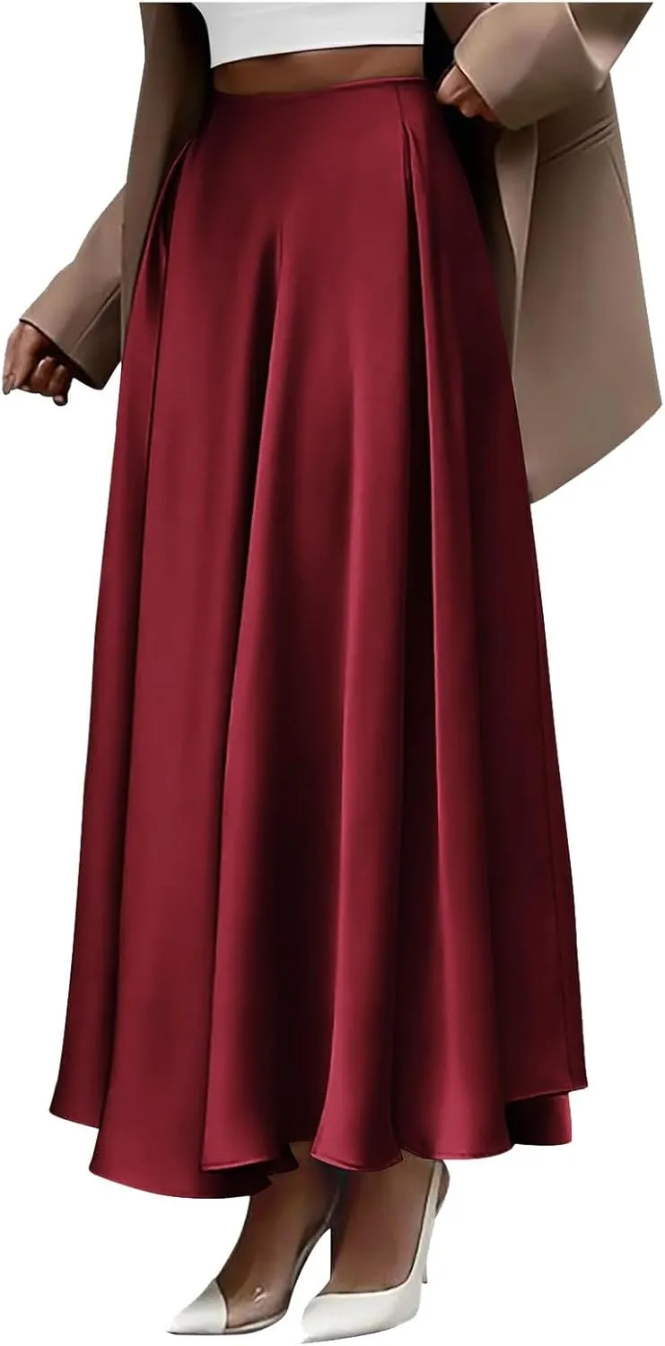 Womens Pleated Satin Maxi Skirt Solid Color High Waisted A Line Office Work Casual Elegant Flowy Fashion Skirts