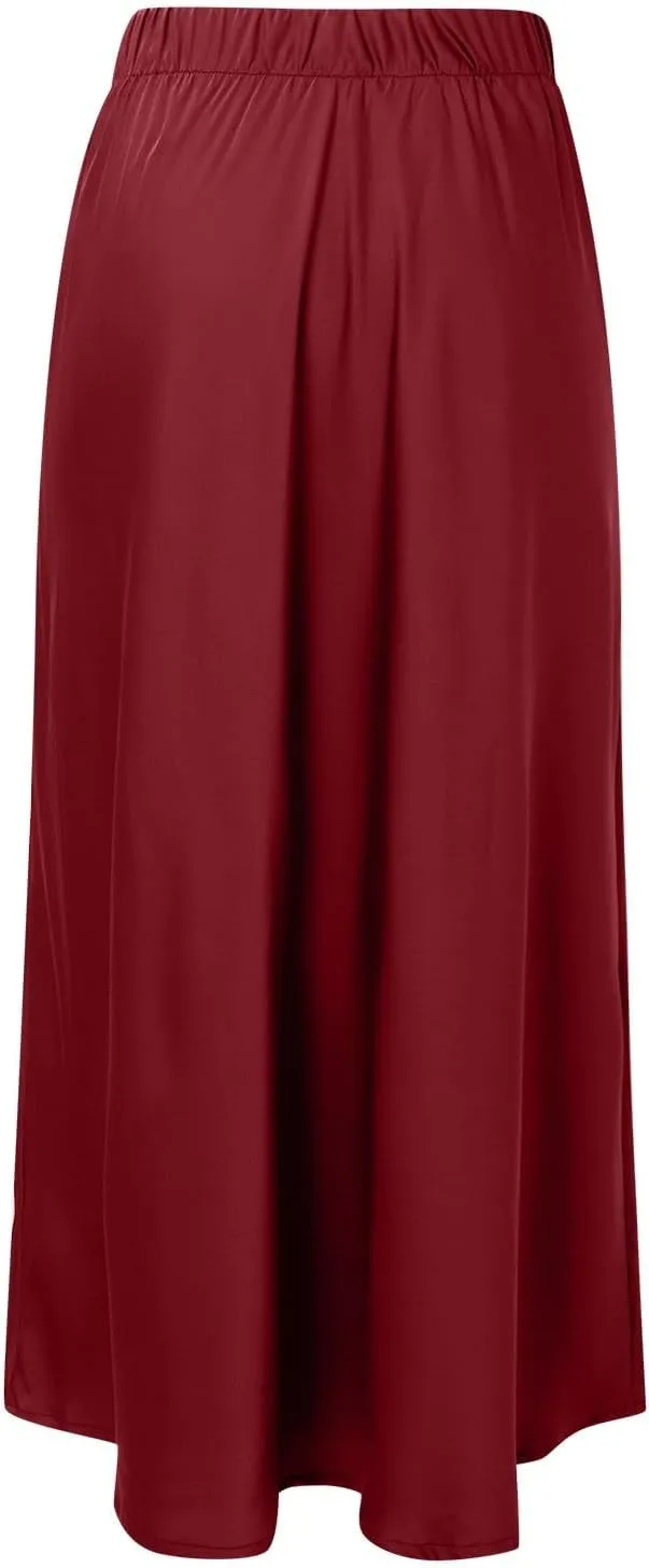 Womens Pleated Satin Maxi Skirt Solid Color High Waisted A Line Office Work Casual Elegant Flowy Fashion Skirts