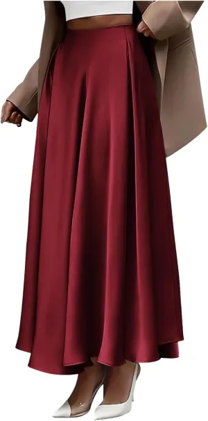 Womens Pleated Satin Maxi Skirt Solid Color High Waisted A Line Office Work Casual Elegant Flowy Fashion Skirts