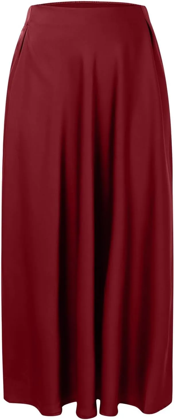 Womens Pleated Satin Maxi Skirt Solid Color High Waisted A Line Office Work Casual Elegant Flowy Fashion Skirts