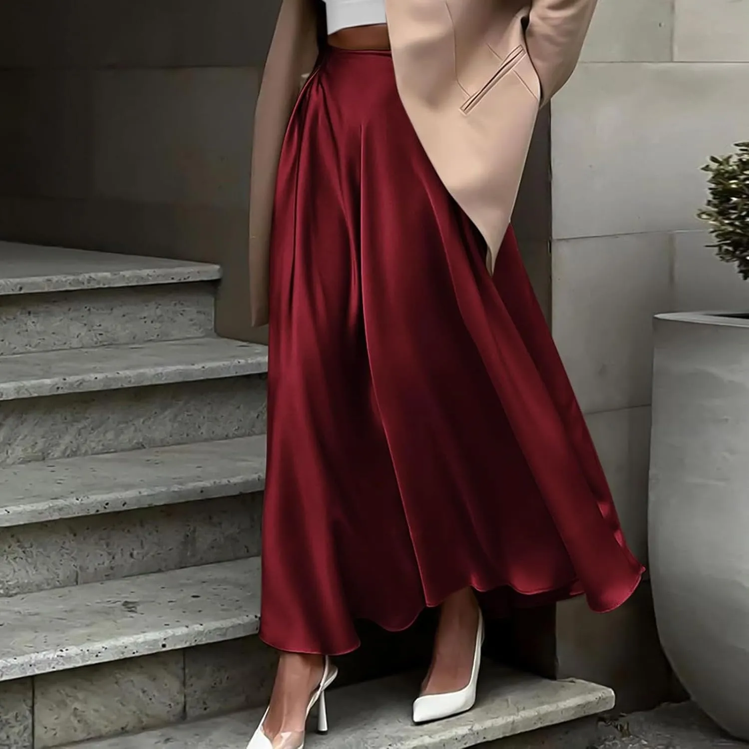 Womens Pleated Satin Maxi Skirt Solid Color High Waisted A Line Office Work Casual Elegant Flowy Fashion Skirts