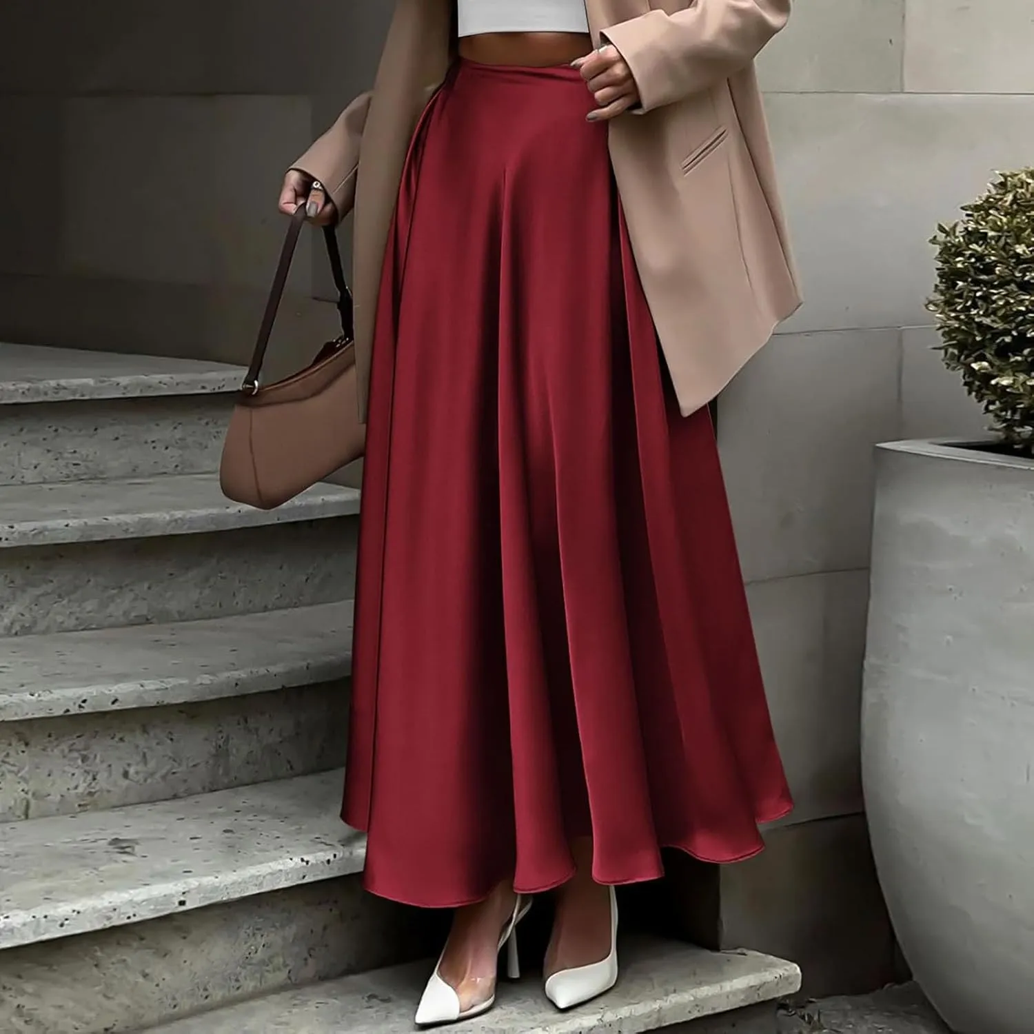 Womens Pleated Satin Maxi Skirt Solid Color High Waisted A Line Office Work Casual Elegant Flowy Fashion Skirts