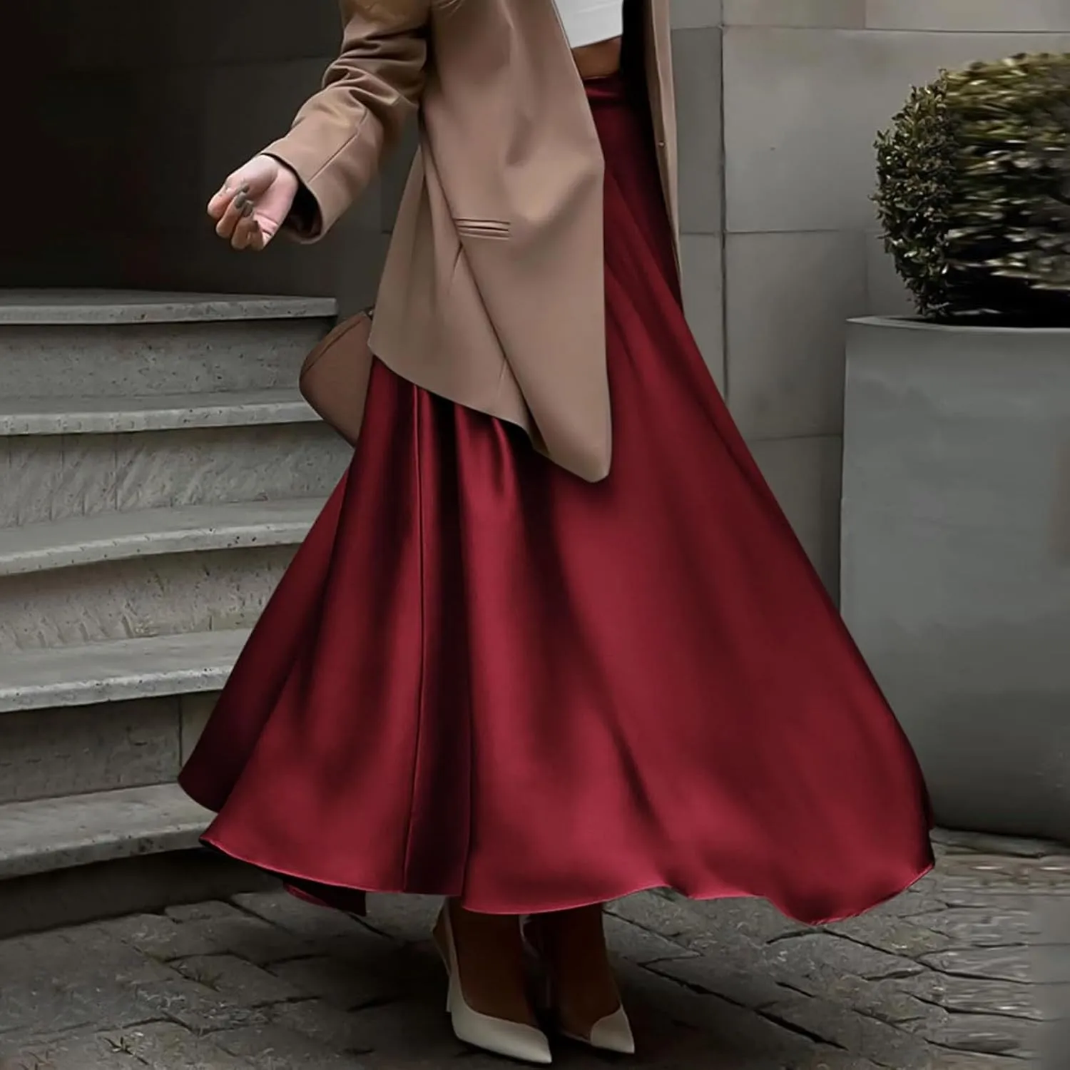 Womens Pleated Satin Maxi Skirt Solid Color High Waisted A Line Office Work Casual Elegant Flowy Fashion Skirts