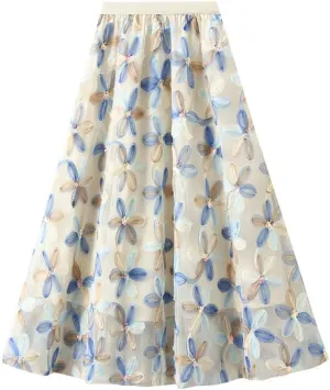 Women's Pleated Skirt Chiffon Floral Sequin A-Line Skirt Elastic Waist A-Line Midi Length Skirt Flowing Skirt Casual, Apricot