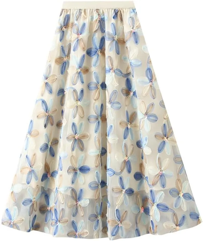 Women's Pleated Skirt Chiffon Floral Sequin A-Line Skirt Elastic Waist A-Line Midi Length Skirt Flowing Skirt Casual, Apricot