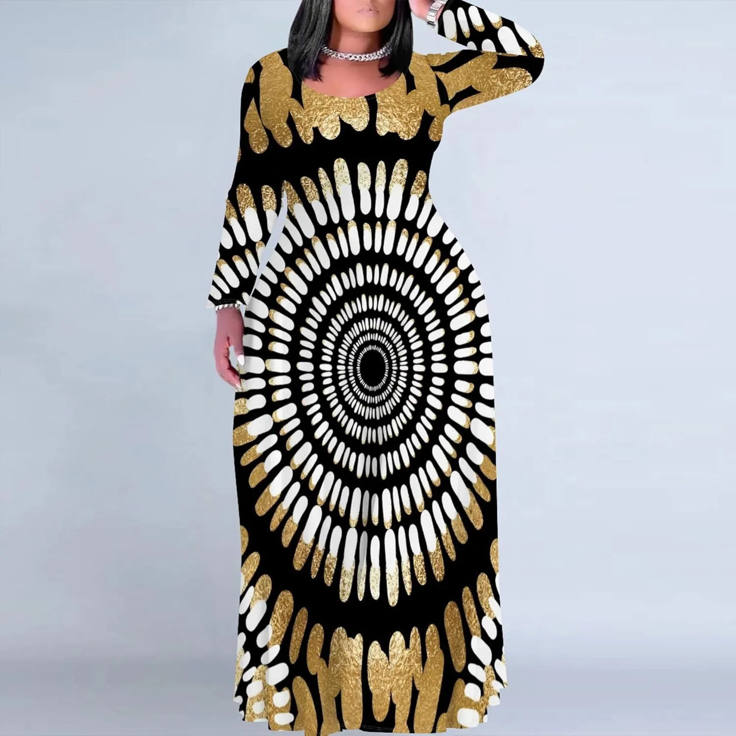 Women's Plus Size African Ethnic Style Maxi Dress Long Sleeve Tank Dress Autumn T Shirt Beach Maxi Dress with Pockets