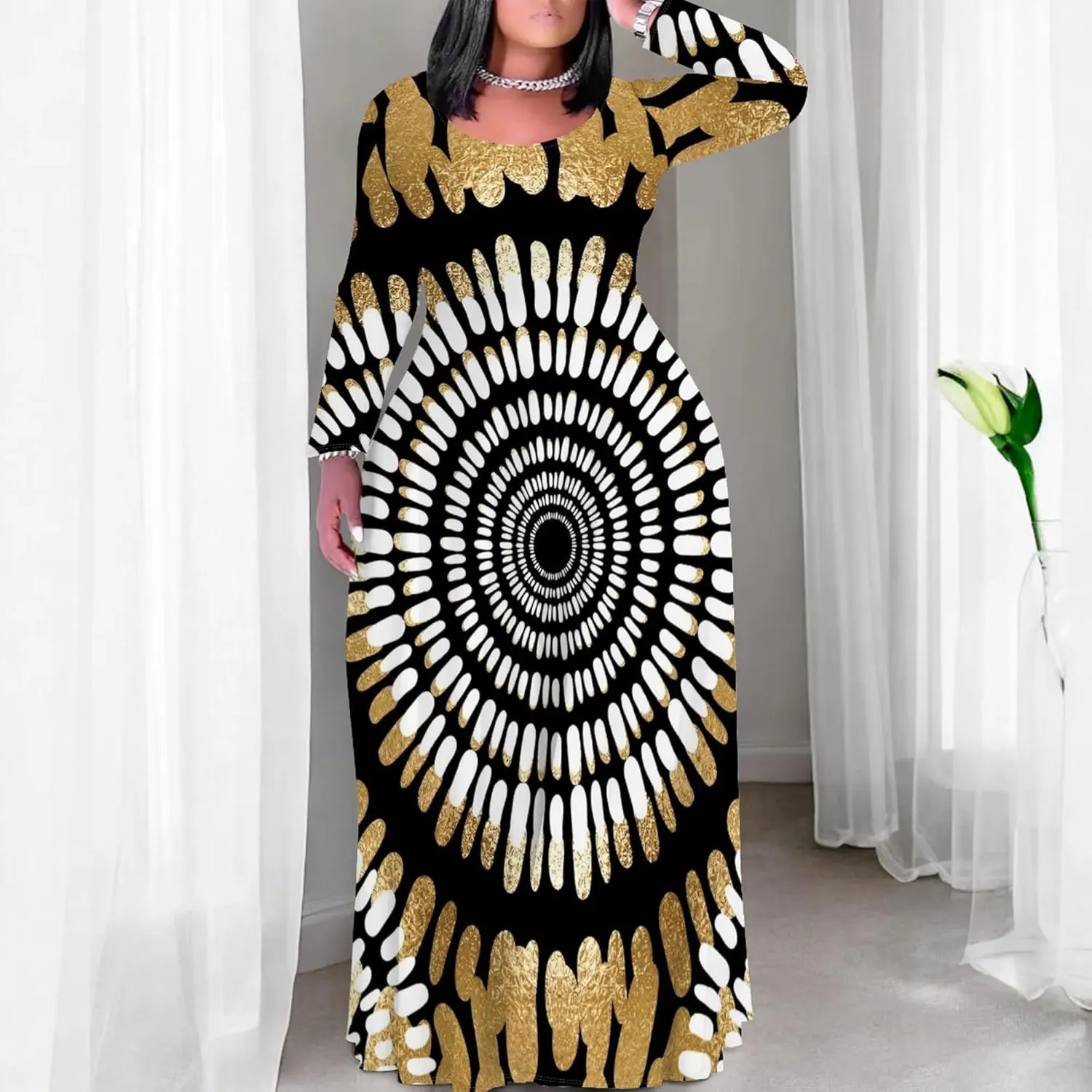 Women's Plus Size African Ethnic Style Maxi Dress Long Sleeve Tank Dress Autumn T Shirt Beach Maxi Dress with Pockets