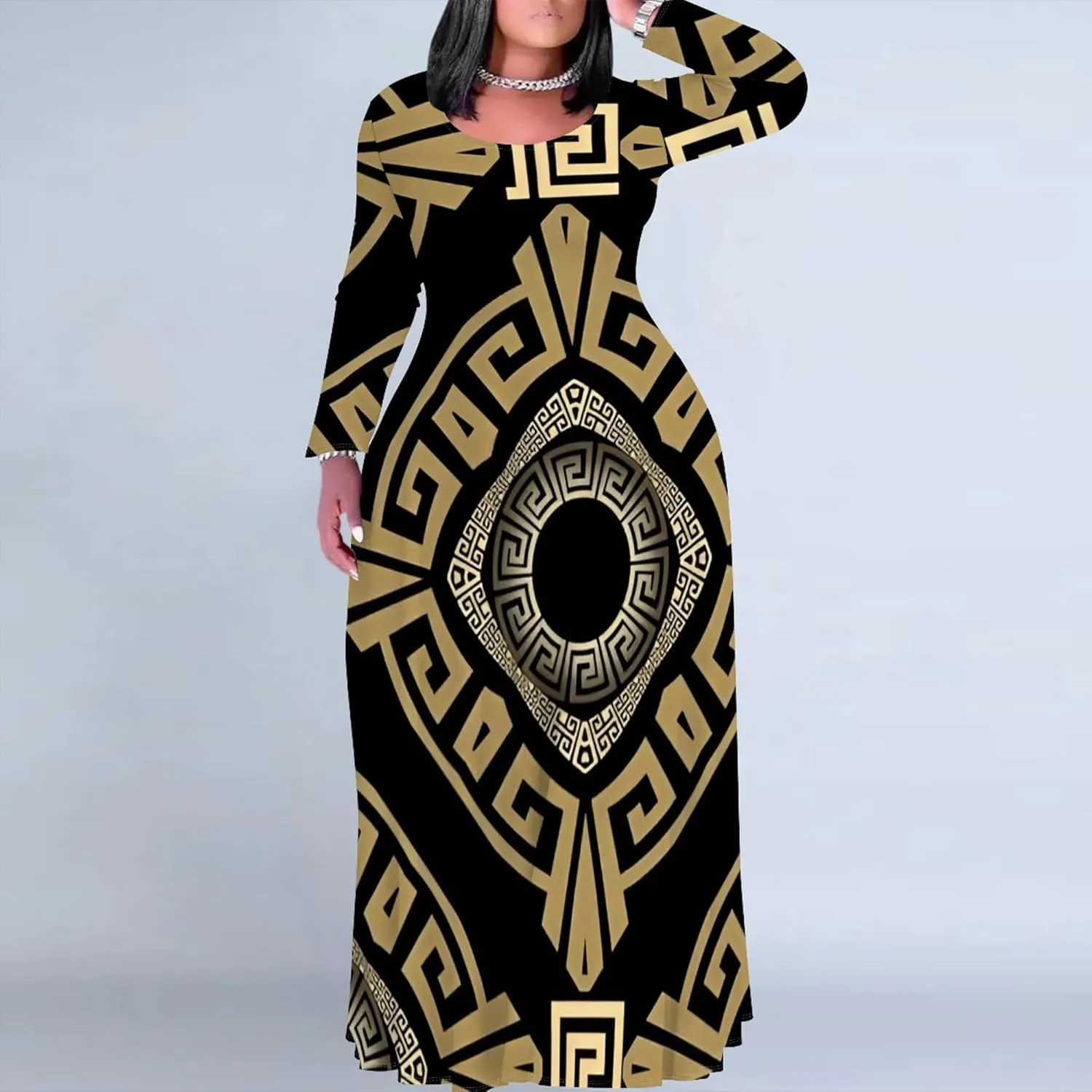 Women's Plus Size African Ethnic Style Maxi Dress Long Sleeve Tank Dress Autumn T Shirt Beach Maxi Dress with Pockets