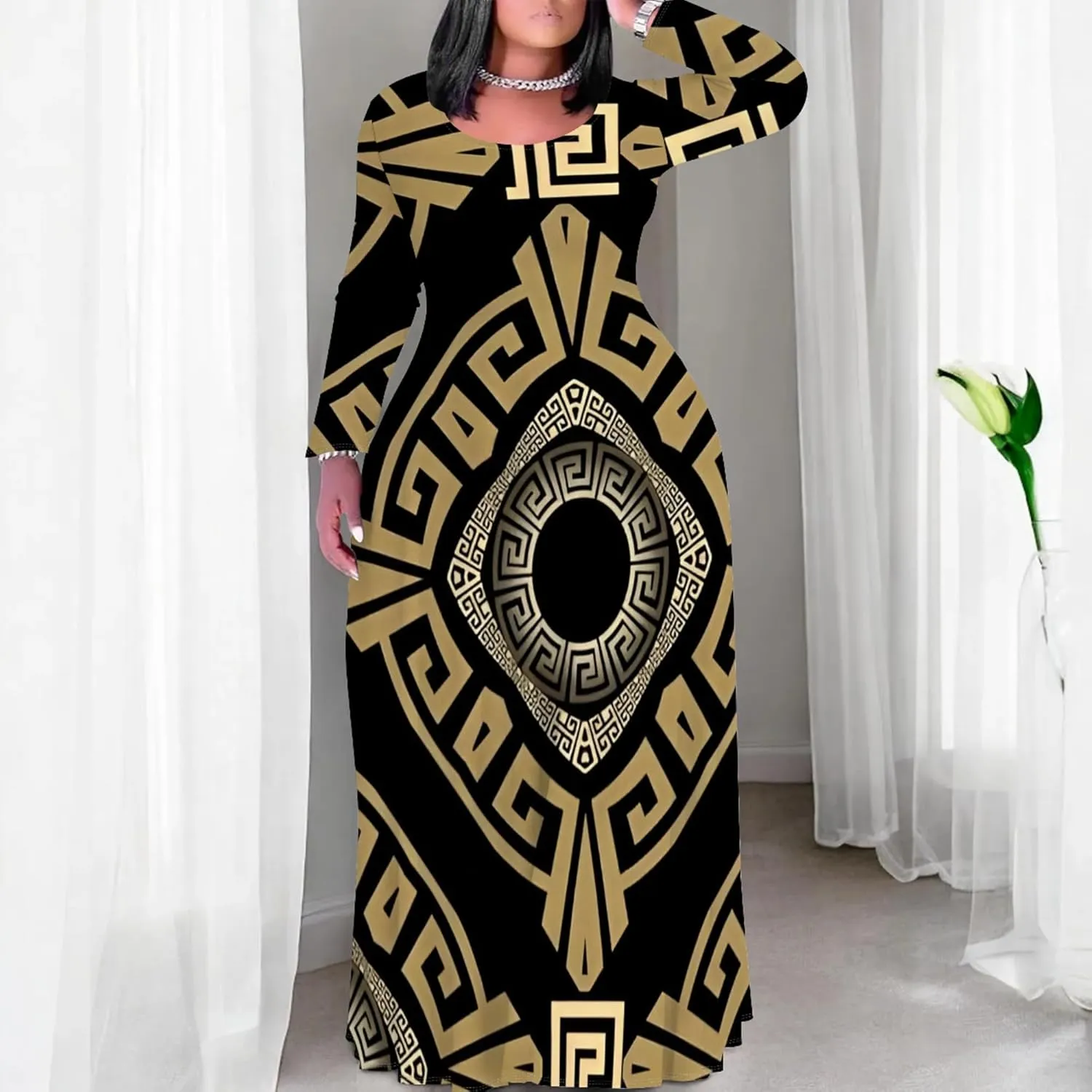 Women's Plus Size African Ethnic Style Maxi Dress Long Sleeve Tank Dress Autumn T Shirt Beach Maxi Dress with Pockets