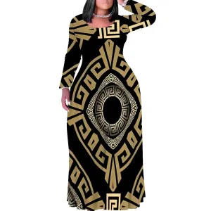 Women's Plus Size African Ethnic Style Maxi Dress Long Sleeve Tank Dress Autumn T Shirt Beach Maxi Dress with Pockets