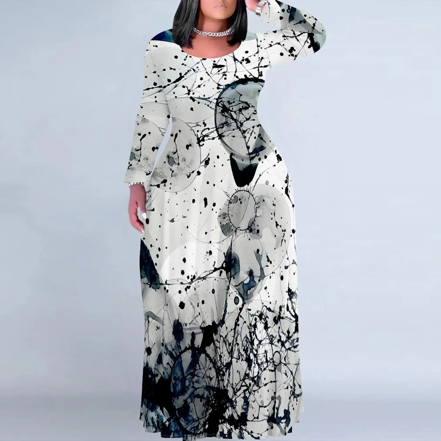 Women's Plus Size African Ethnic Style Maxi Dress Long Sleeve Tank Dress Autumn T Shirt Beach Maxi Dress with Pockets