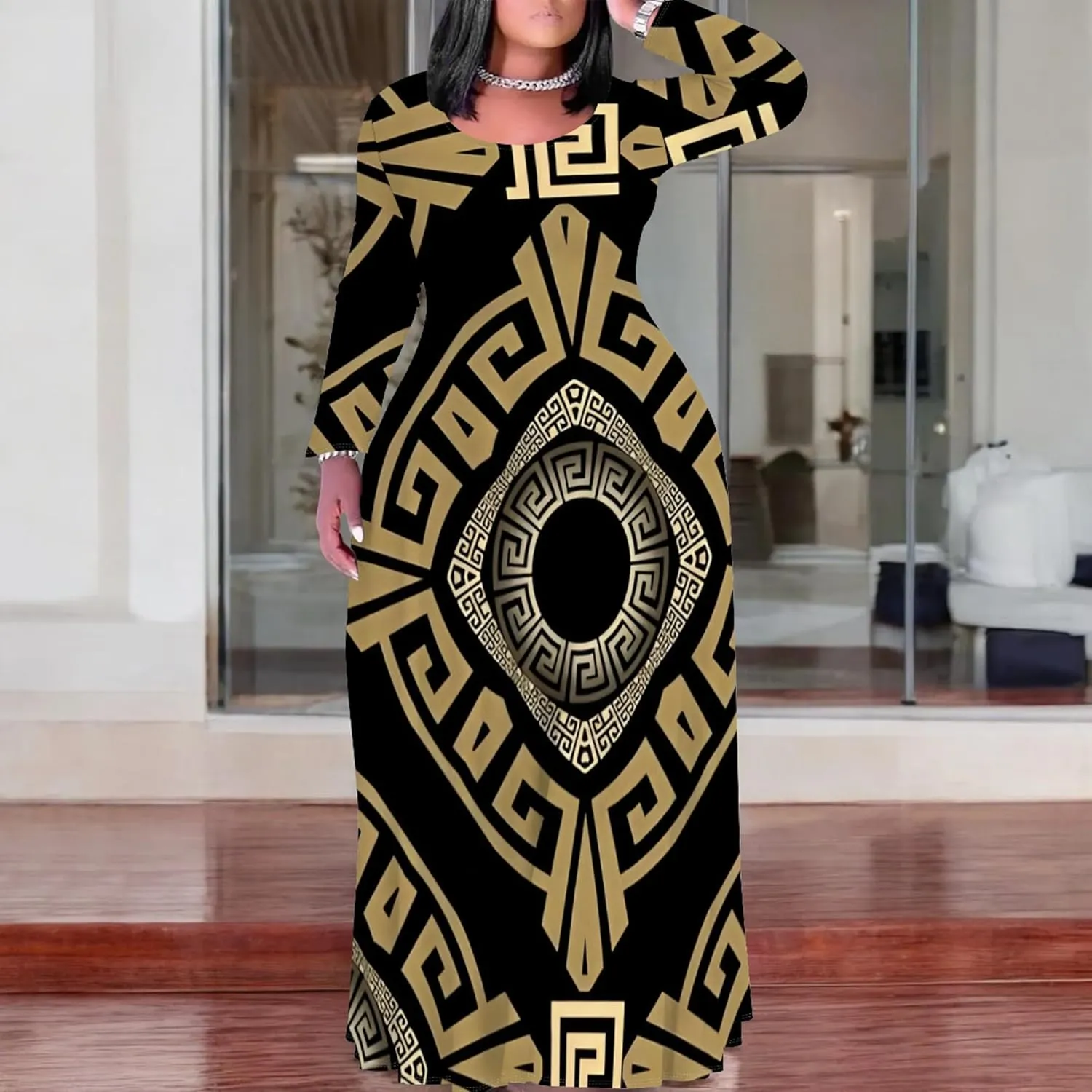 Women's Plus Size African Ethnic Style Maxi Dress Long Sleeve Tank Dress Autumn T Shirt Beach Maxi Dress with Pockets
