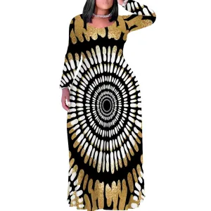 Women's Plus Size African Ethnic Style Maxi Dress Long Sleeve Tank Dress Autumn T Shirt Beach Maxi Dress with Pockets
