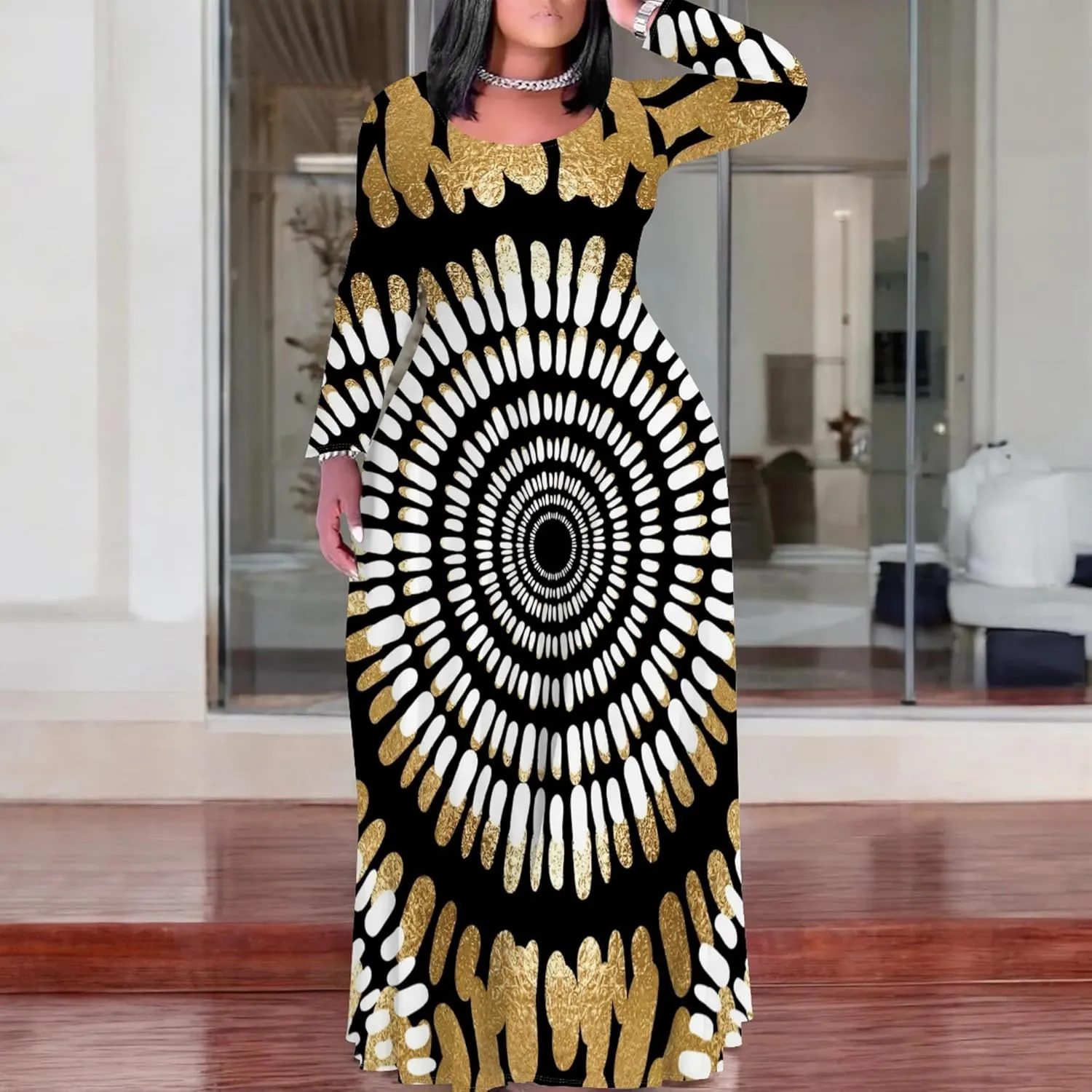 Women's Plus Size African Ethnic Style Maxi Dress Long Sleeve Tank Dress Autumn T Shirt Beach Maxi Dress with Pockets