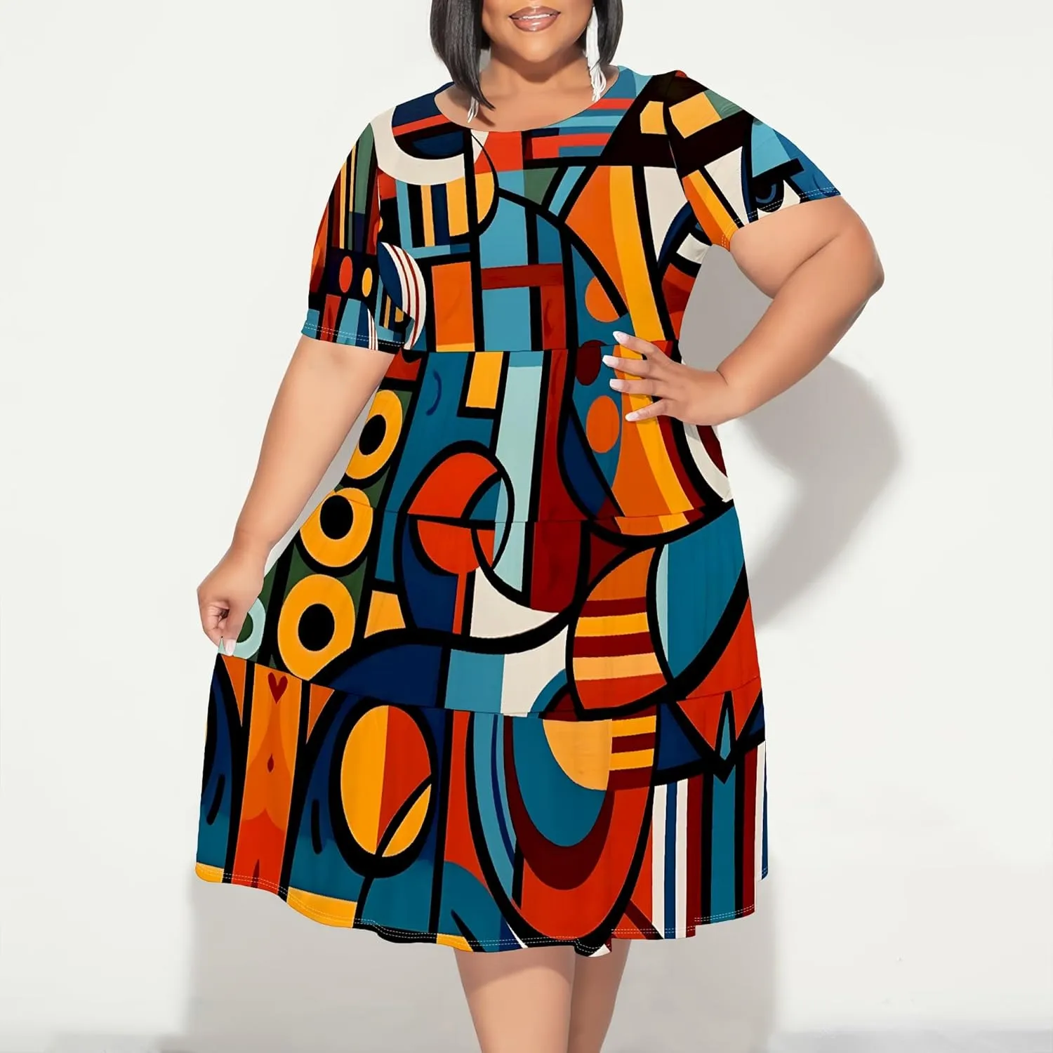 Women's Plus Size Casual Summer Layered Dress Short Sleeves Round Neck Ruffle Hem Loose Flowy Midi Babydoll Dress