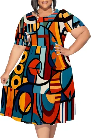 Women's Plus Size Casual Summer Layered Dress Short Sleeves Round Neck Ruffle Hem Loose Flowy Midi Babydoll Dress