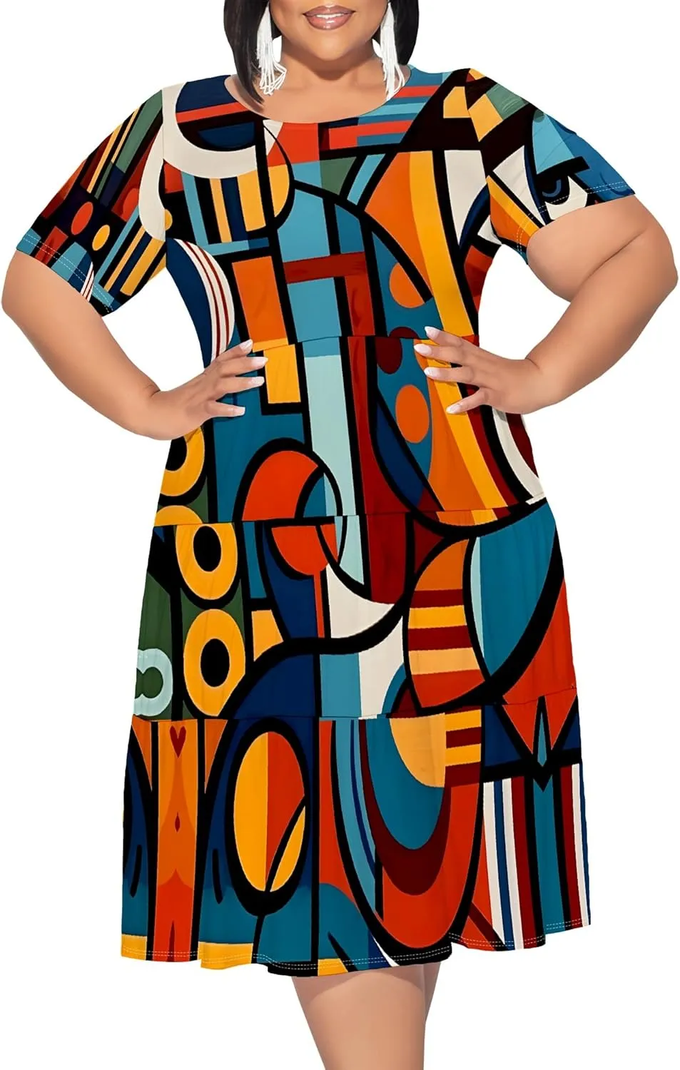 Women's Plus Size Casual Summer Layered Dress Short Sleeves Round Neck Ruffle Hem Loose Flowy Midi Babydoll Dress