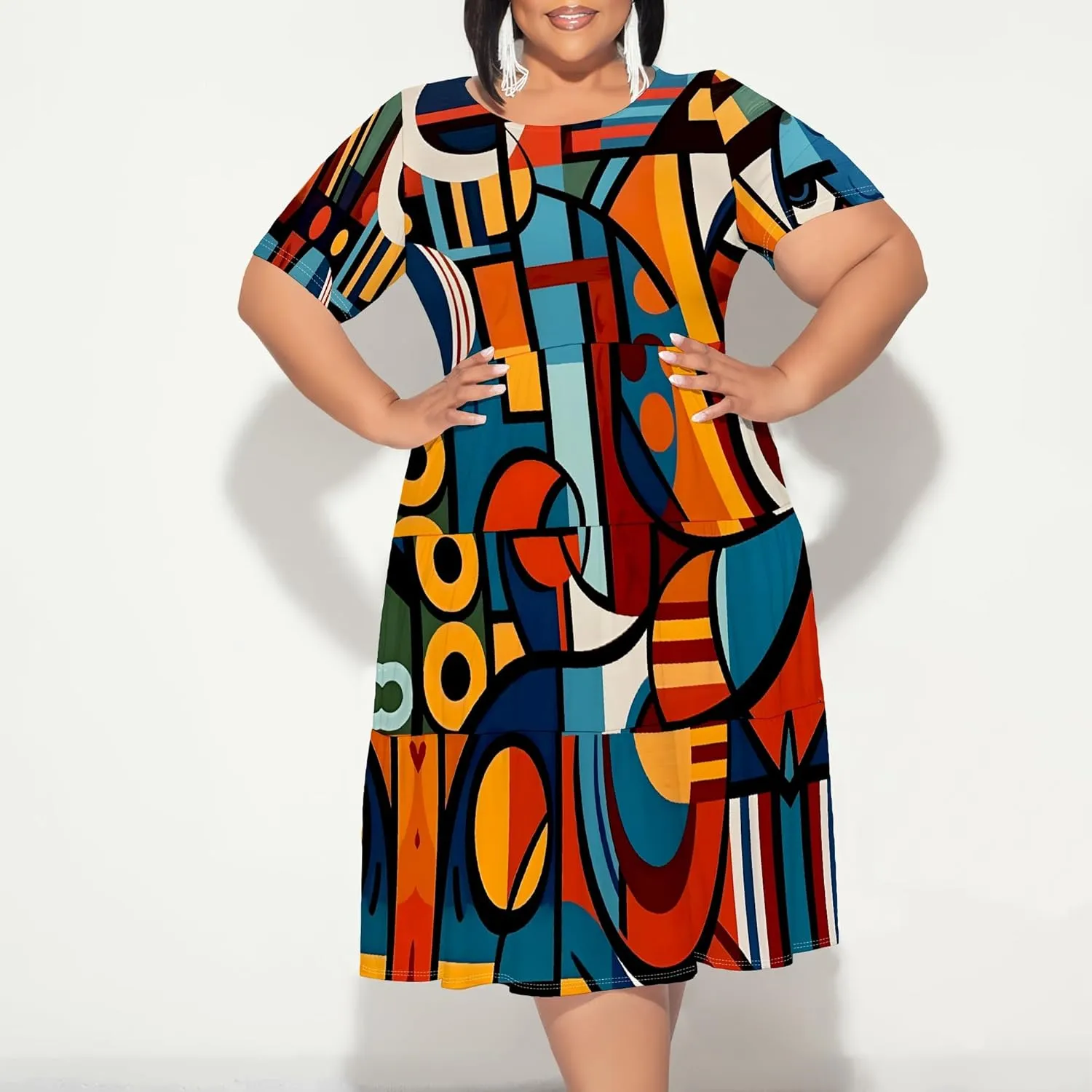 Women's Plus Size Casual Summer Layered Dress Short Sleeves Round Neck Ruffle Hem Loose Flowy Midi Babydoll Dress
