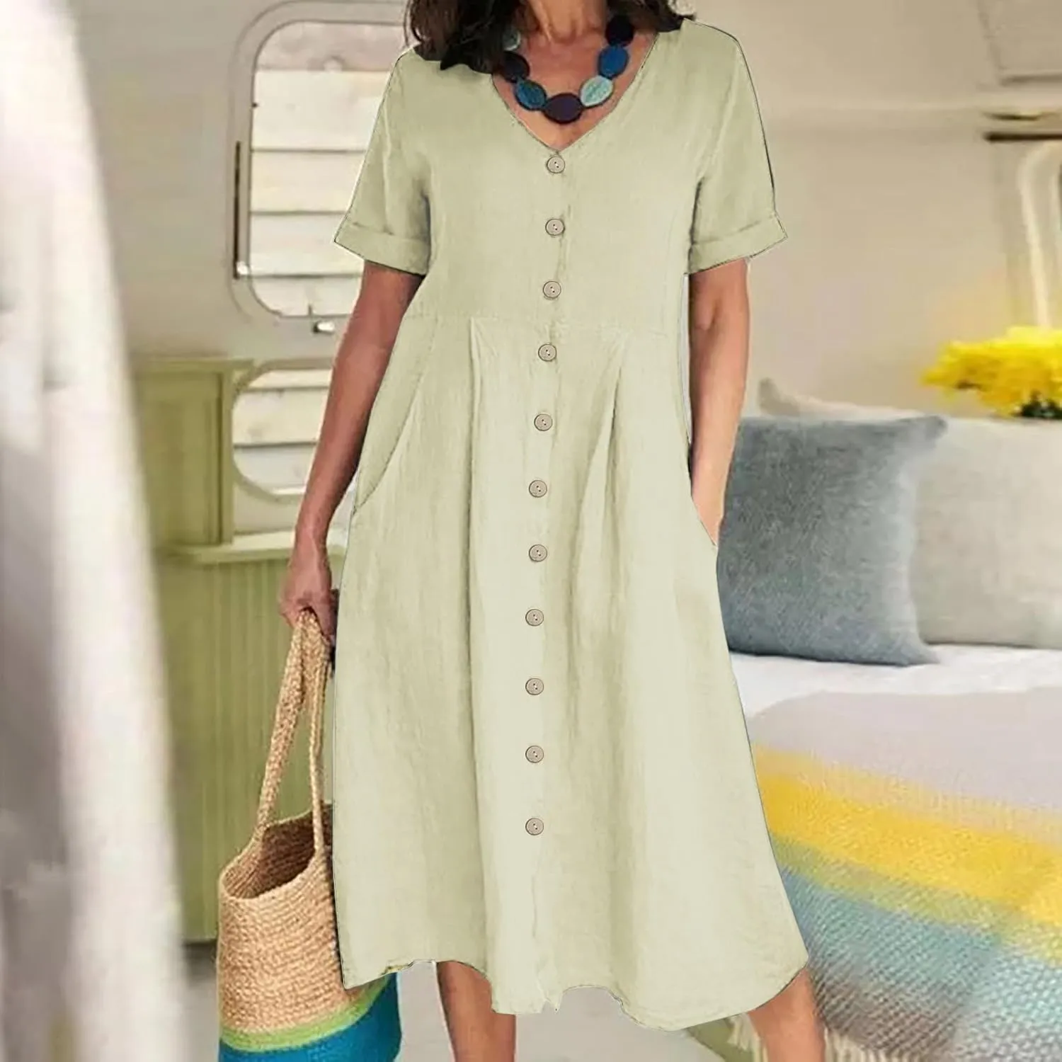 Womens Plus Size Cotton Linen Midi Dress V Neck Button Summer Dresses Short Sleeve Solid A Line Dress with Pockets